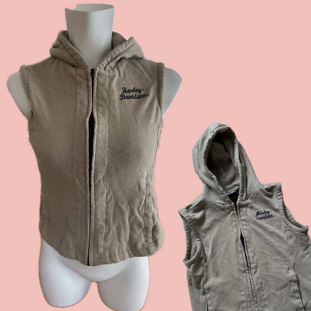 Harley-Davidson Beige Hooded Vest Women XS Zip-Up